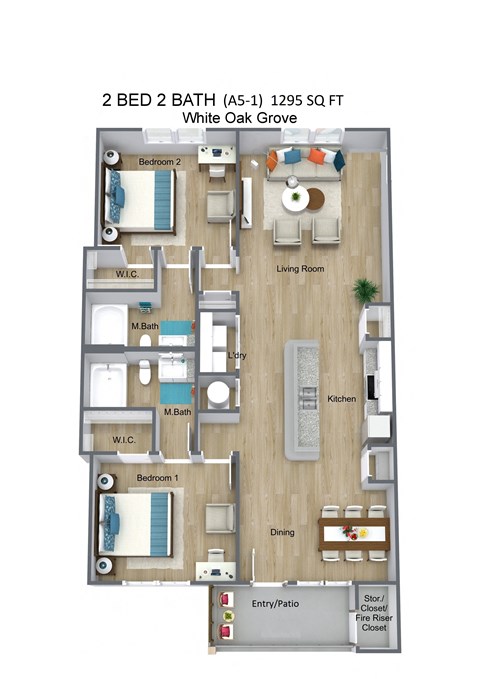 Floor plan for 2 beds, 2 baths, 1295 sqft